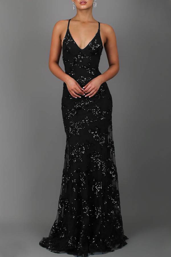 Halter Deep V Sequin Floral Mermaid Evening Gown