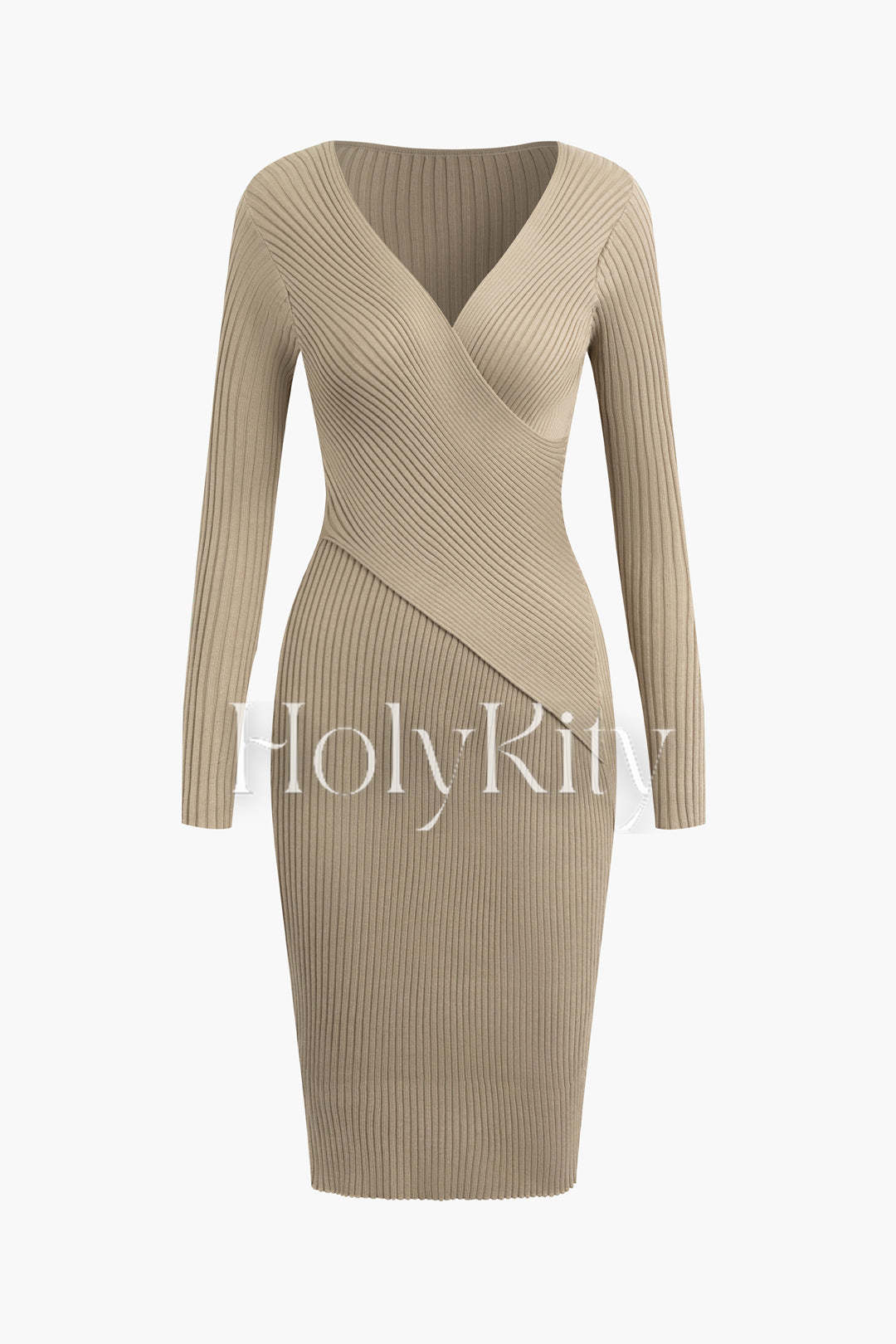 V-neck Long Sleeve Rib Knit Midi Dress