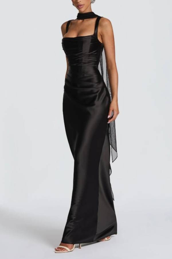 Satin Strap Mermaid Evening Gown with Lace‑Up Back