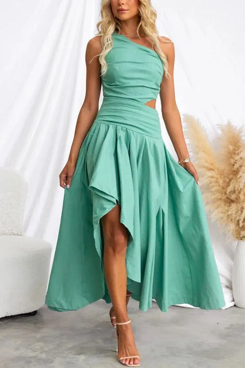 One Shoulder Cut Out High Low Hem Maxi Swing Dress