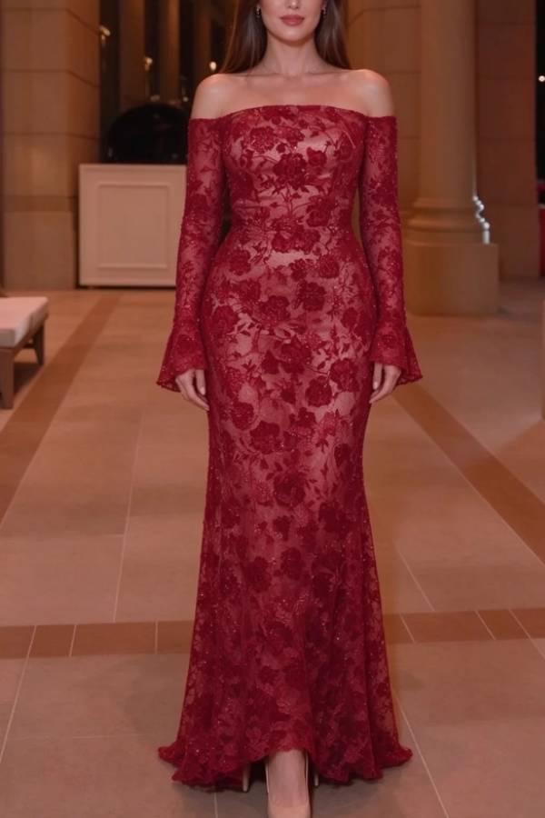 Off-Shoulder Long Sleeve Floral Lace Mermaid Maxi Evening Dress
