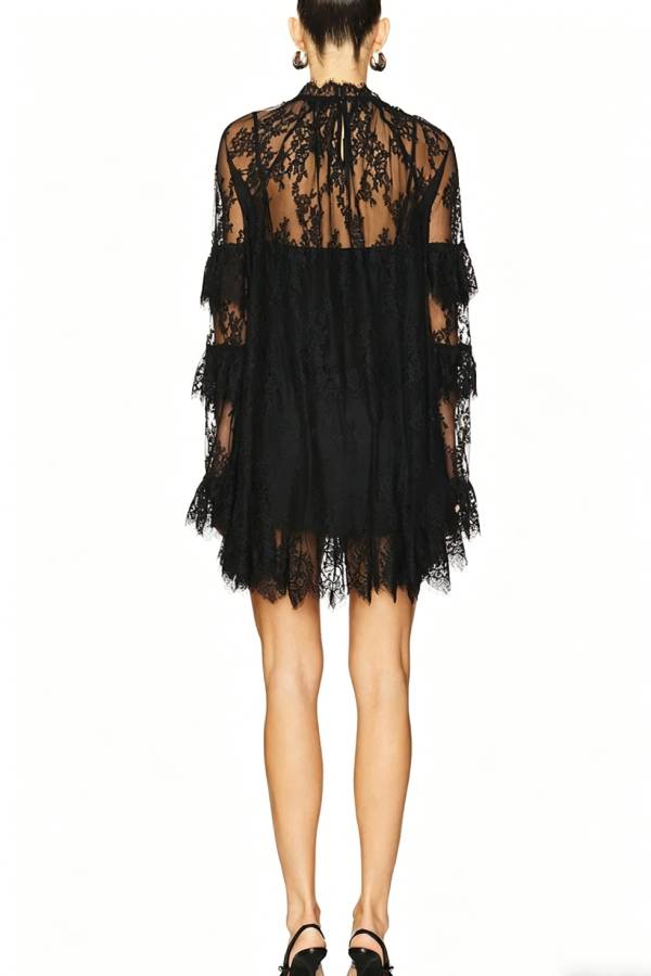 Sexy See-through Lace Loose Long-sleeved Mini Dress