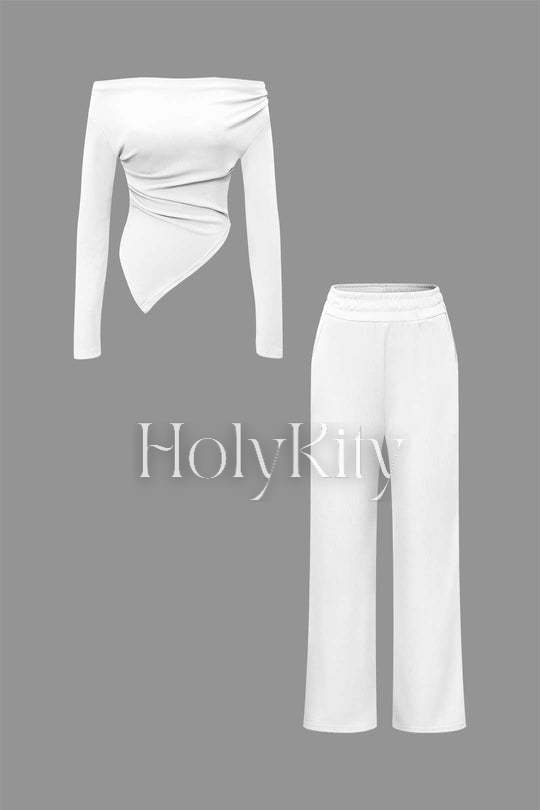 Ensemble haut asymétrique froncé à épaules dénudées et pantalon droit