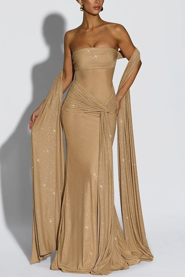 Paula Sequined Mesh and Jersey Off Shoulder Ruched Knot Drape Shawl Maxi Dress