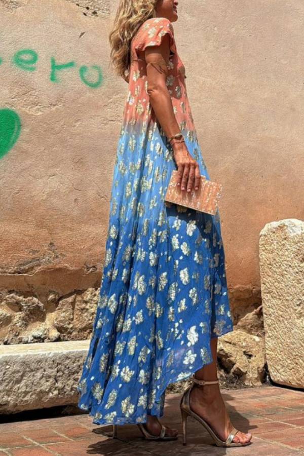 Evaluna Tie Dye Gradient Golden Flower Print Short Sleeve A-line Maxi Dress