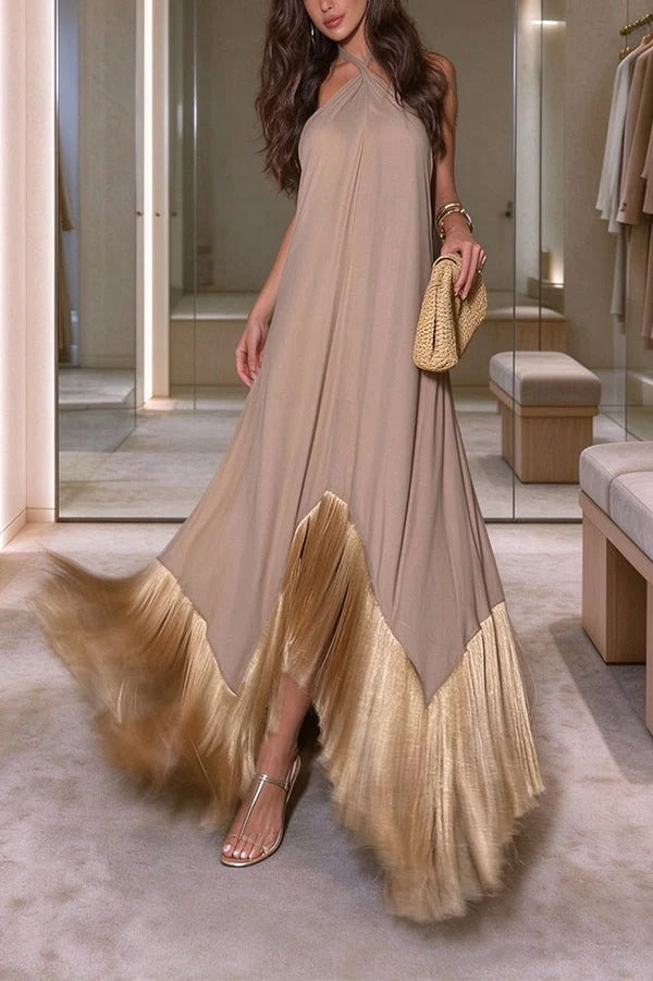 Elegant Halter-Neck Tassel Trim Backless Evening Gown Maxi Dress