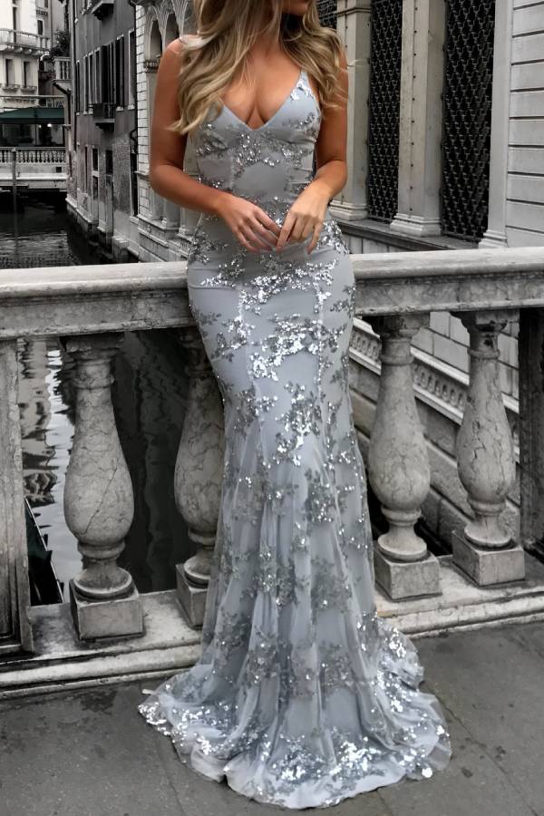 Halter Deep V Sequin Floral Mermaid Evening Gown