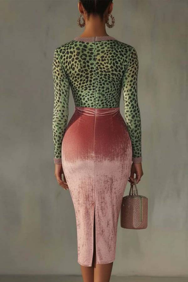 Leopard Print Sheer Panel Gradient Velvet Deep V-Neck Dress