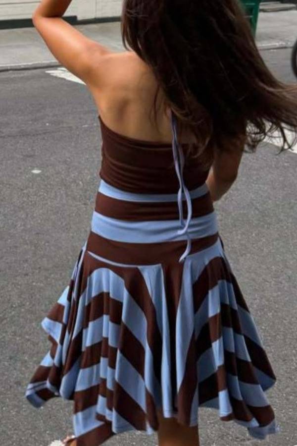 Color‑Block Stripe Halter Top & Asymmetrical Skirt Two‑Piece Set
