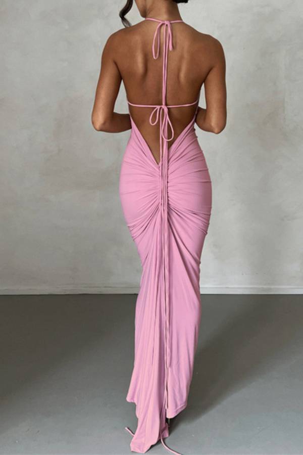 Spaghetti Strap Ruched Open Back Tie Maxi Dress