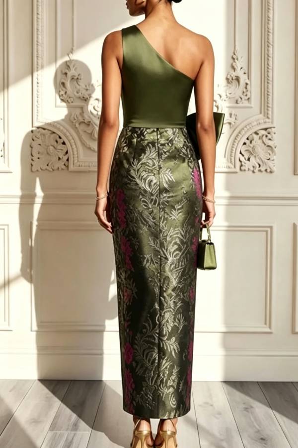 Found Love Satin One Shoulder Jacquard Bow Sleeveless Fitted Maxi Dress