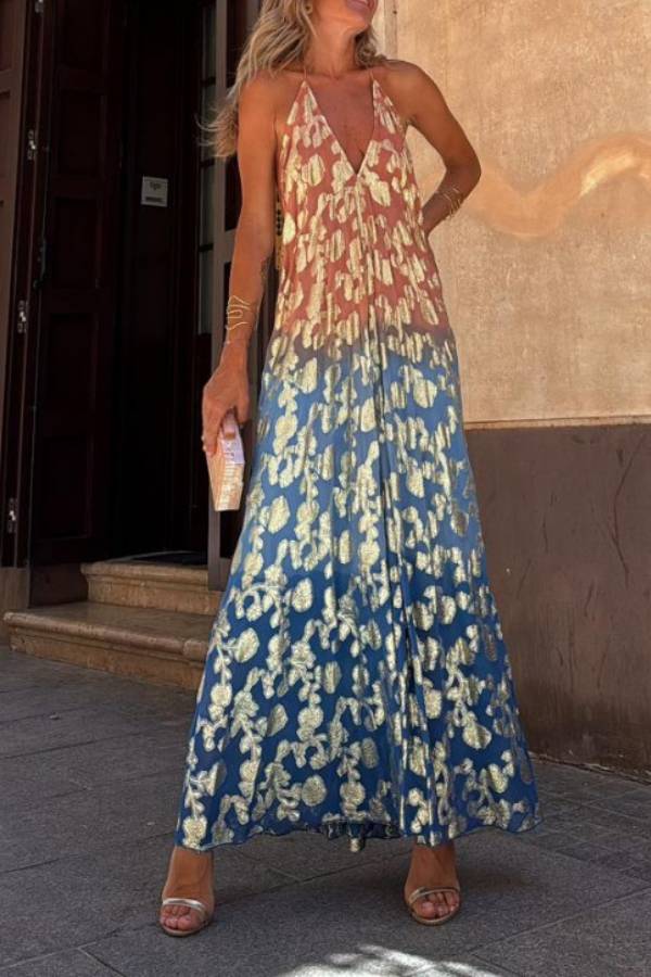 Bianca Tie-dye Ombre Gold Floral Print A-line Halterneck Maxi Dress