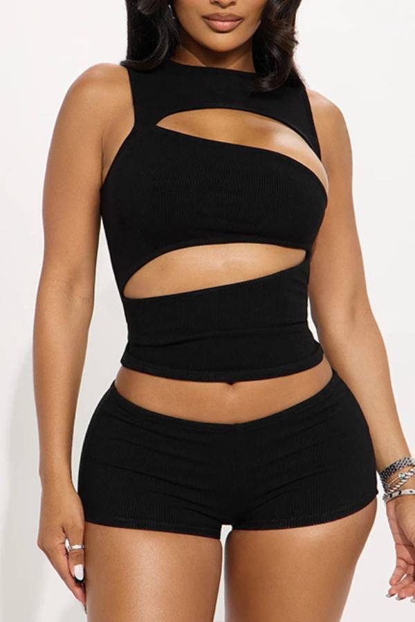 Asymmetric Cutout Ribbed Sleeveless Top and Shorts Set