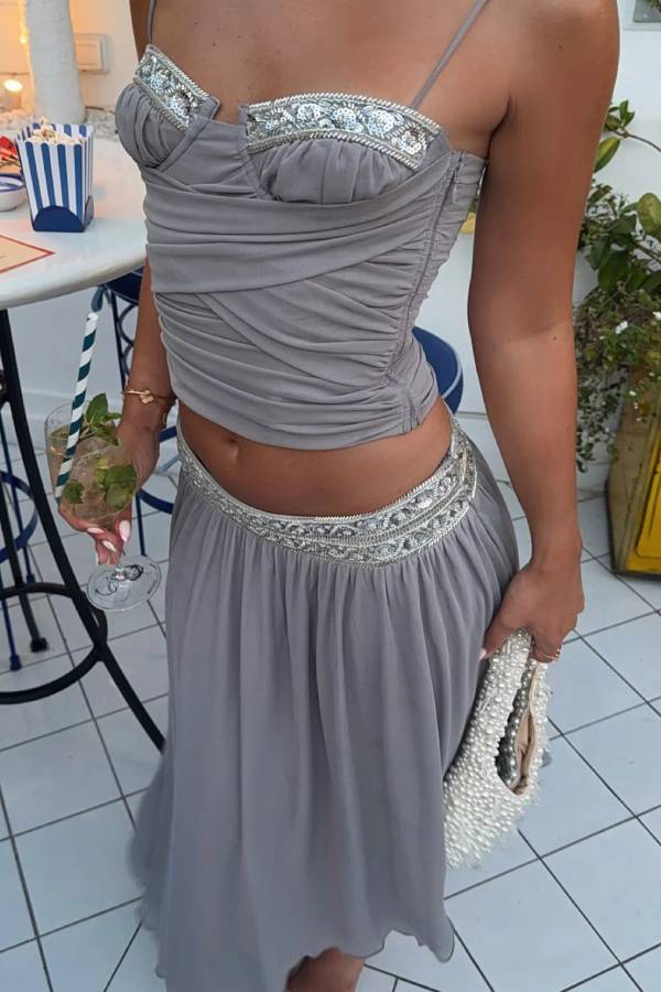 High Waist Heavy Beaded Sequin Waistband Chiffon Swing Midi Skirt