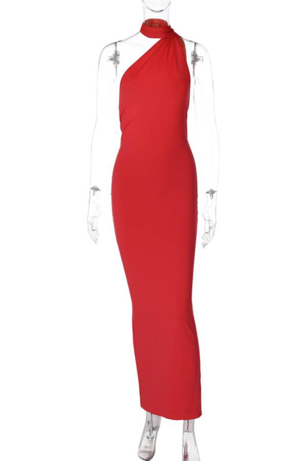One-shoulder backless long dress with train