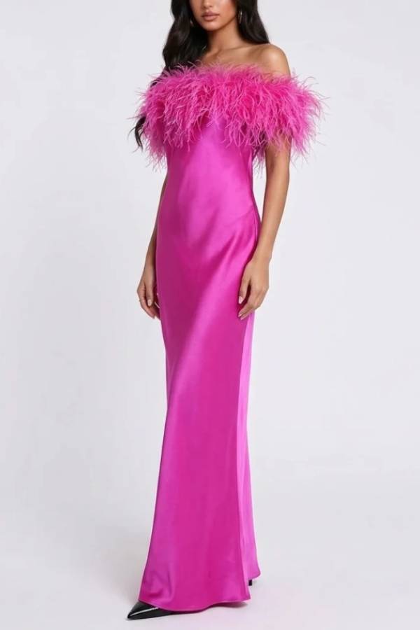 Feather Trim Off-the-Shoulder Satin Column Maxi Dress