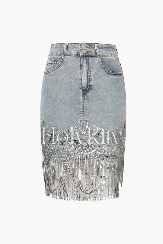 Sequin Fringe Hem Denim Skirt