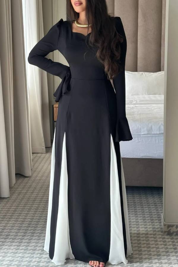 Black And White Flared Long-sleeved Maxi Dress