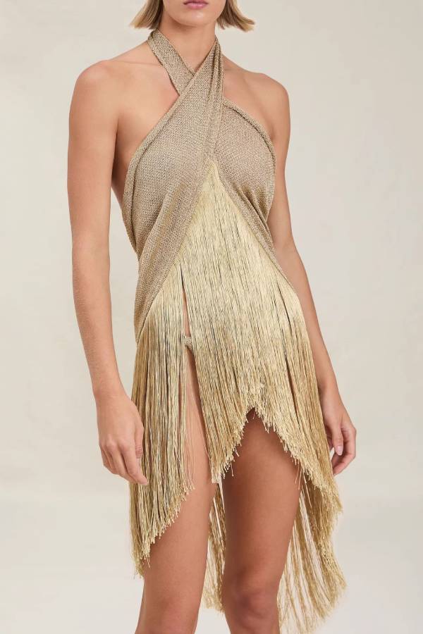 Crisscross Halter Shimmer Knit Fringe Top (Can Be Worn As Mini Dress)