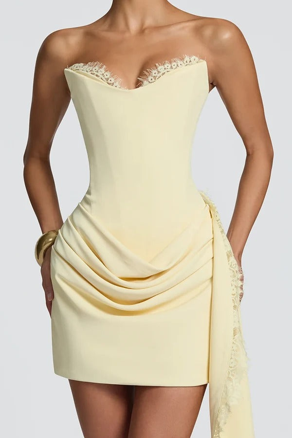 Avelina Lace Trim Sweetheart Neck Strapless Back Lace-up Drape Hem Mini Dress