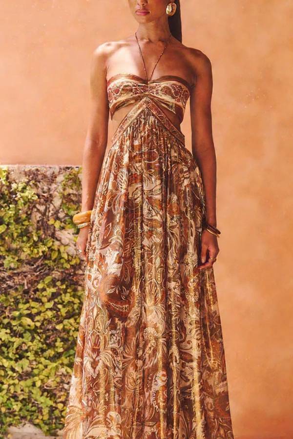 Bohemian Flair Chiffon Golden Paisley Print Cutout Halter Maxi Dress