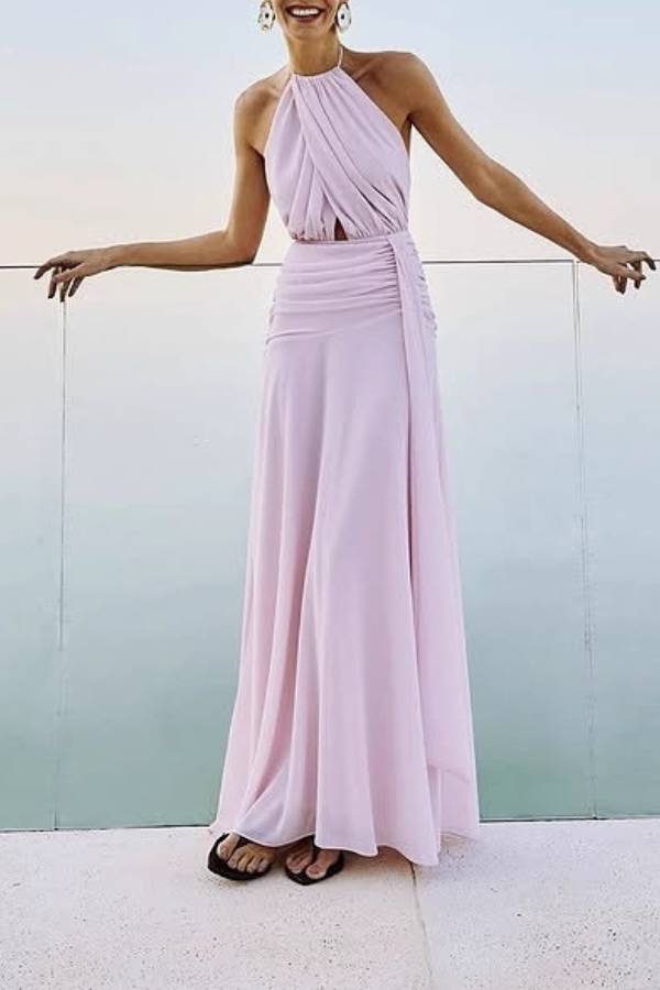 Halter Neck Twist Knot Cutout Backless Draped Maxi Dress