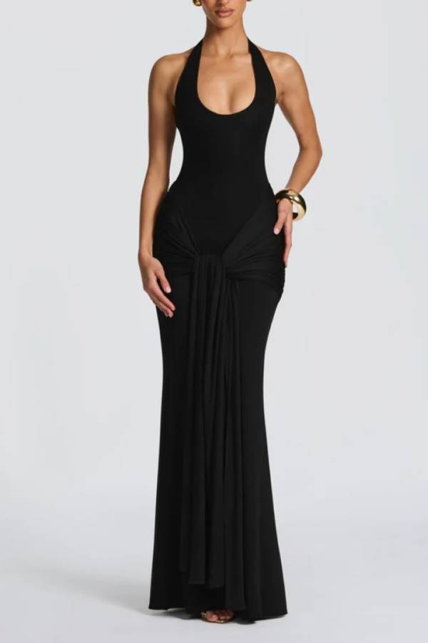 Halter Neck Ruched Tie-Detail Bodycon Gown