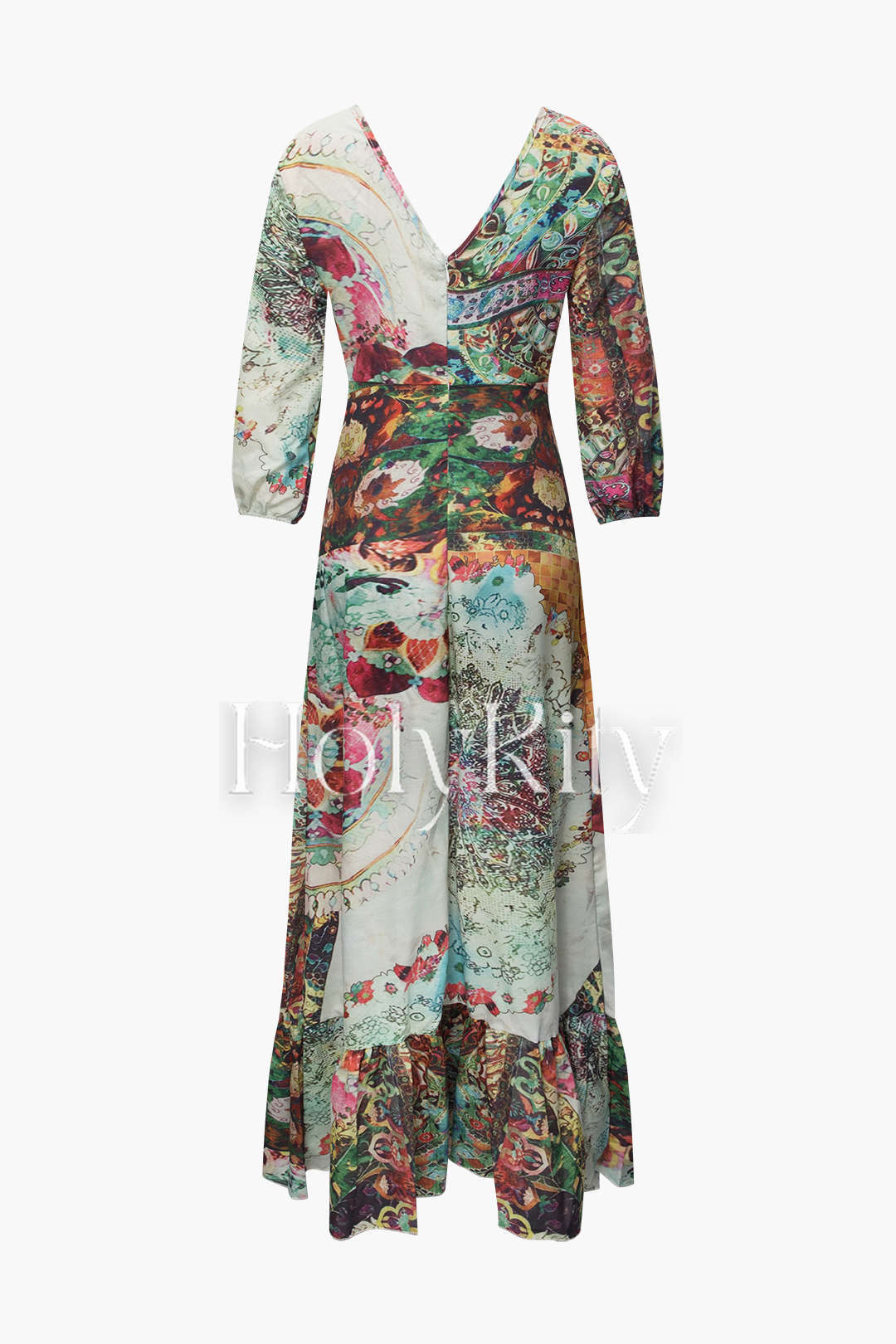 Bedrucktes Maxikleid mit V-Ausschnitt, Cut-Out und Knoten hinten