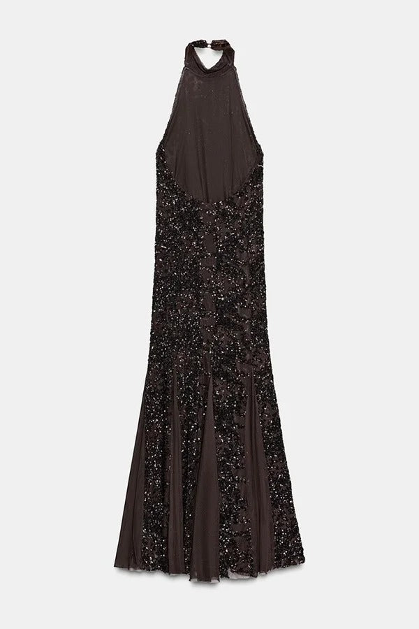 Twilight Gleam Sequin Textured Tulle Hem Halter Backless Maxi Dress