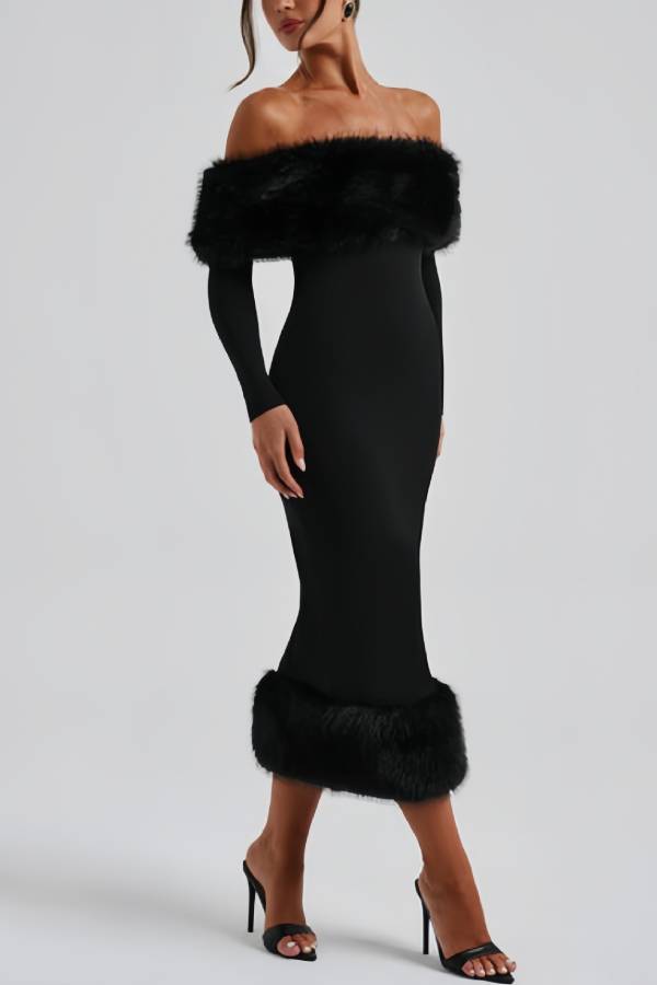 Off Shoulder Faux Fur Trim Long Sleeve Midi Bodycon Dress