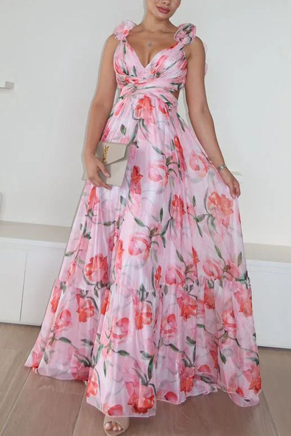 Whimsy Grace Tulle Floral Ruffle Detail Back Lace-up Pleated Maxi Dress