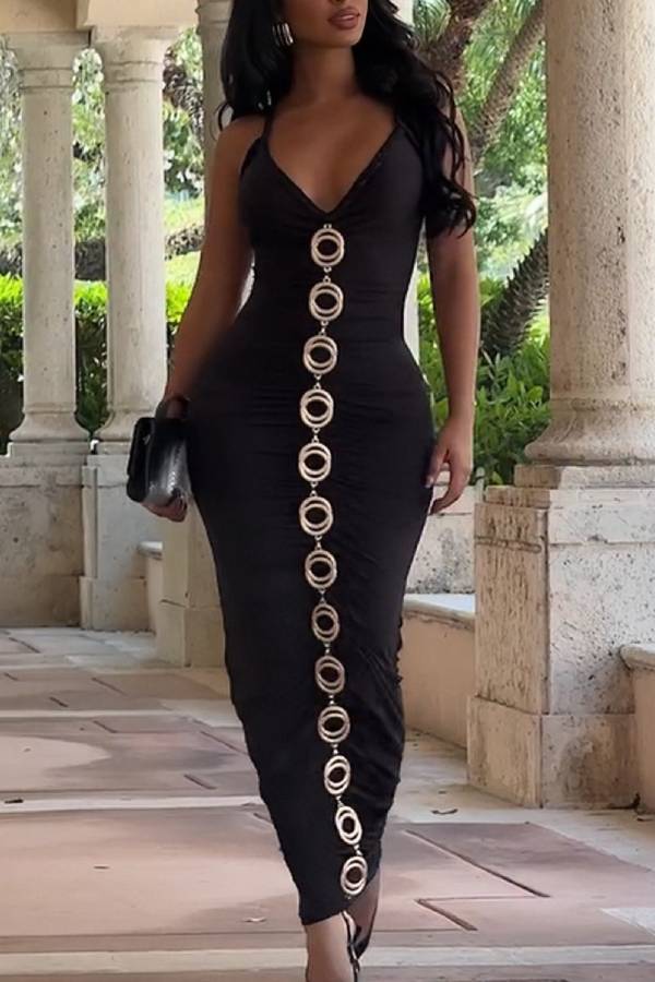 V‑Neck Cami Metal Ring Decor Bodycon Midi Dress