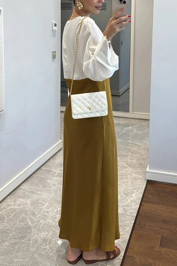 Lainei Contrast Color Satin Lace Trim V-neck Long Sleeve Maxi Dress