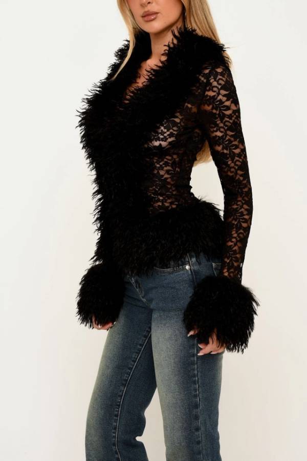 Black Faux Fur Trim Lace Blazer, Deep V Long Sleeve Sheer Lace Cropped Jacket
