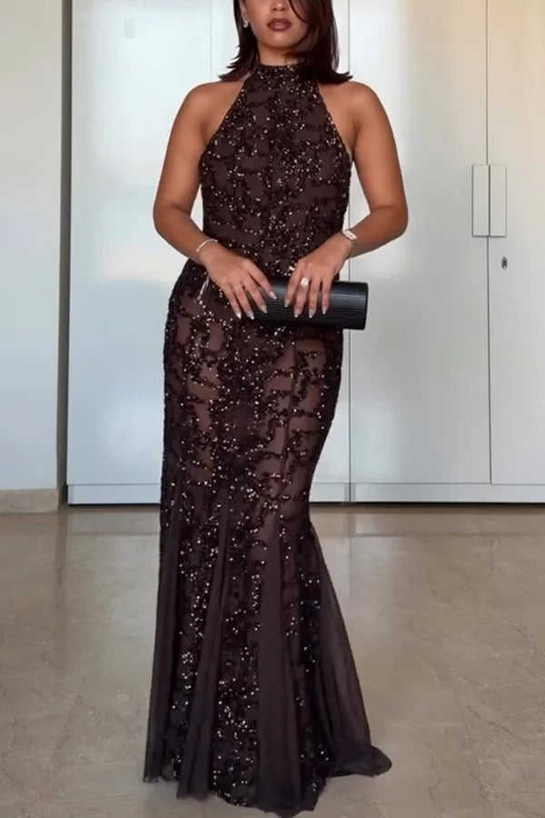 Twilight Gleam Sequin Textured Tulle Hem Halter Backless Maxi Dress