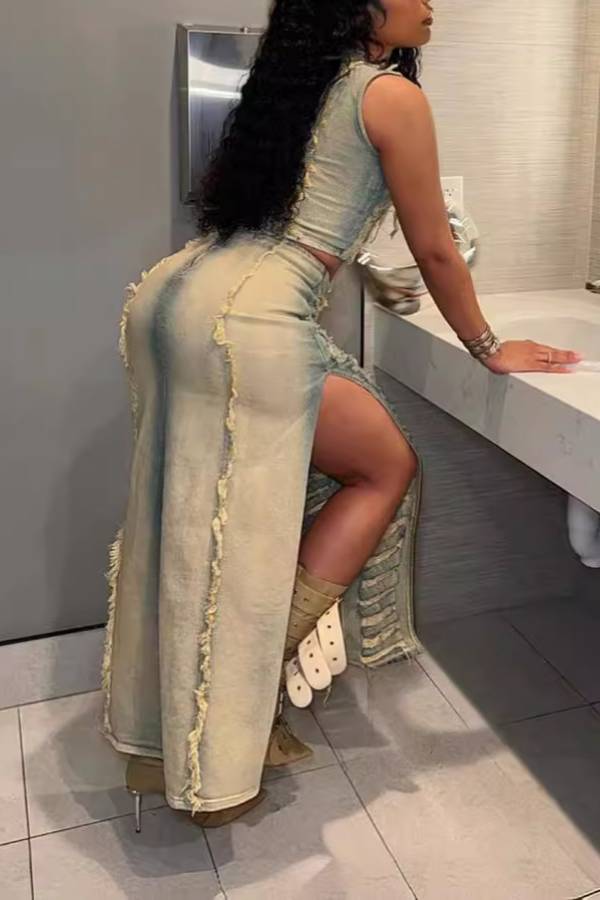 Distressed Sleeveless Top + Slit Long Skirt Two-Piece Set