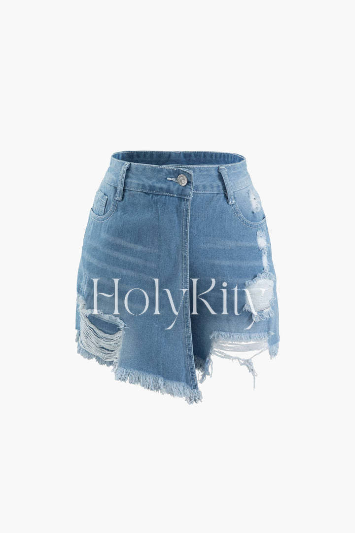 Destroyed-Jeansshorts mit ausgefranstem Wickeldesign