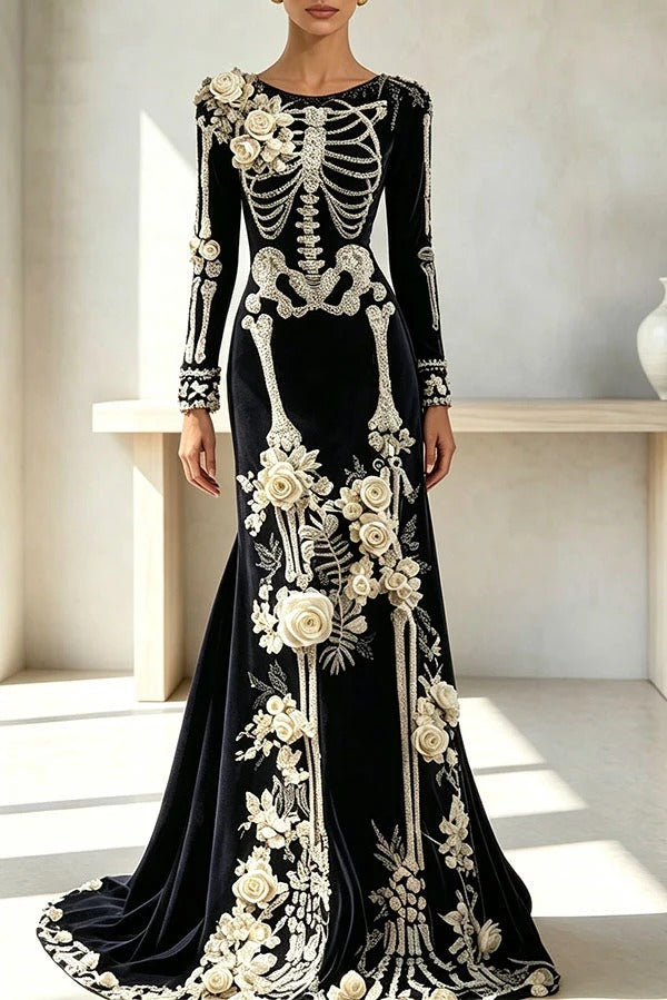 Luxury skull embroidered velvet dress
