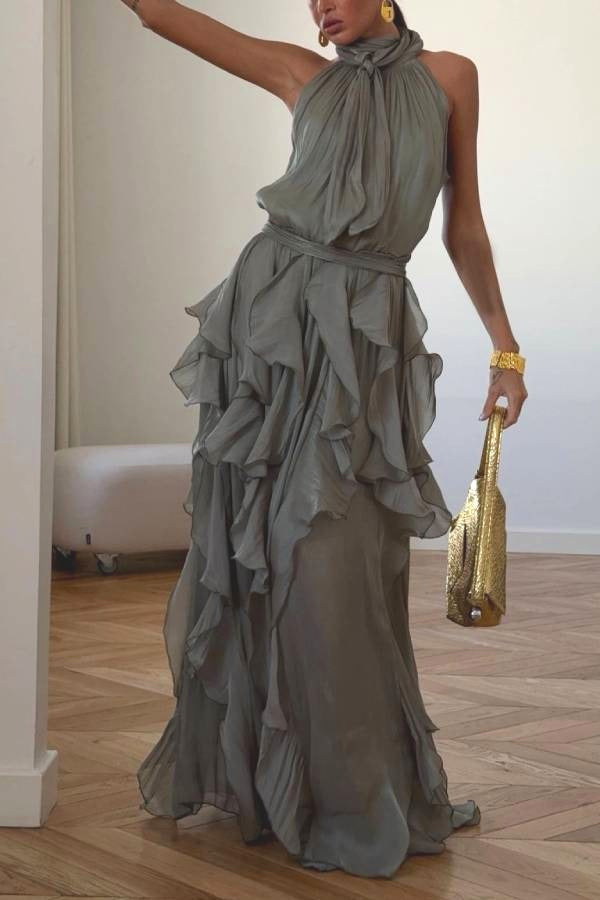 Halter Tie‑Up Ruffled Shiny Evening Maxi Dress