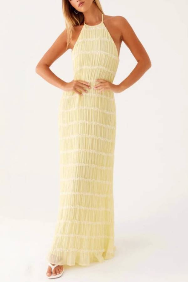 Textured Halter-Neck Backless Maxi Dress