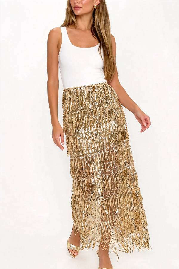 Sadie Ribbed Stretch Tank Layered Sequined Tassels Hem Maxi Dress