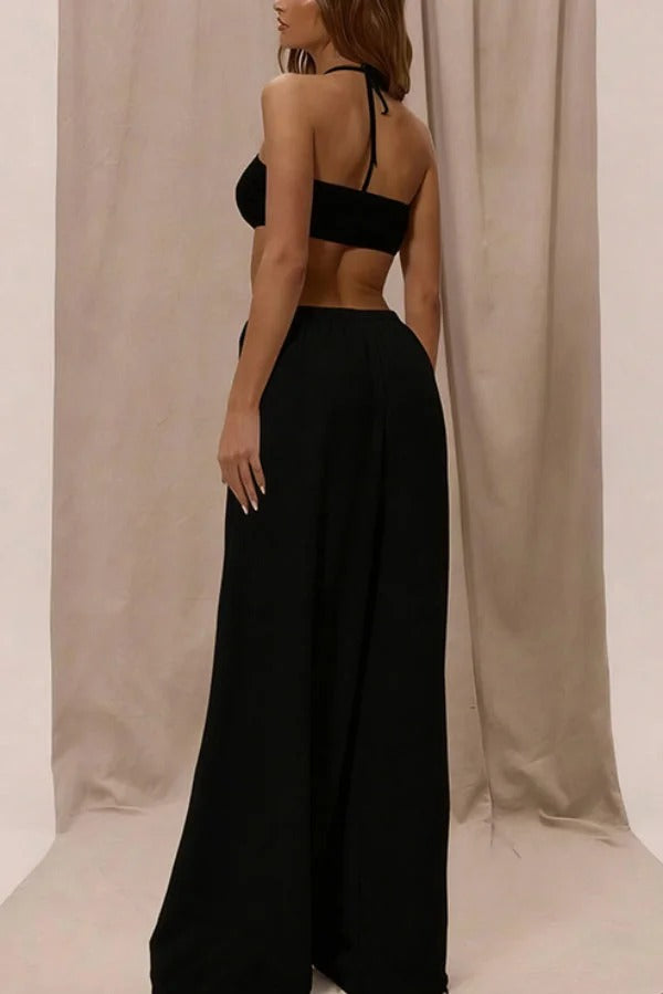 Solid Color Halter Neck Cutout Casual Loose Wide-leg Jumpsuit