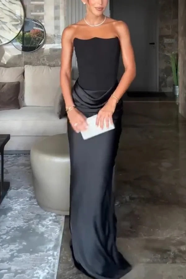 Attend The Gala Strapless Corset Satin Ruched Hip Drape Maxi Dress
