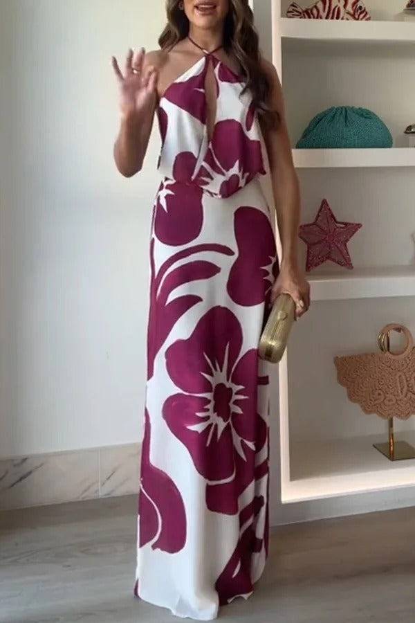 Leslie Flower Print Halter Cutout Cowl Neck Backless Maxi Dress