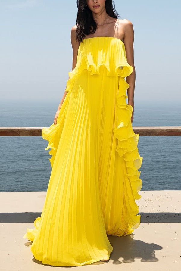 Reina Chiffon Pleated Wavy Ruffles Trim Strapless Loose Maxi Dress