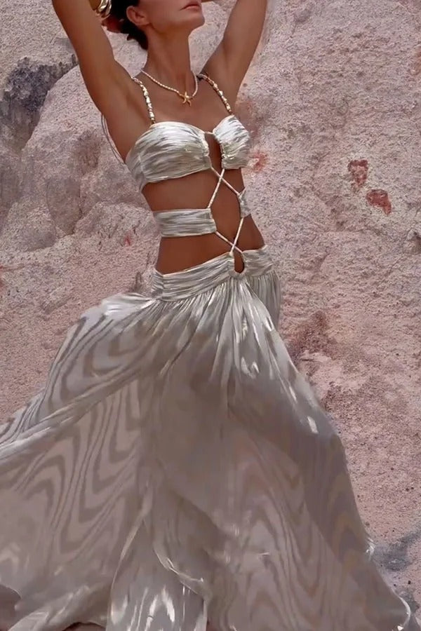 Natural Beauty Glossy Fabric Beaded Shoulder Straps Cutout Slit Vacation Maxi Dress