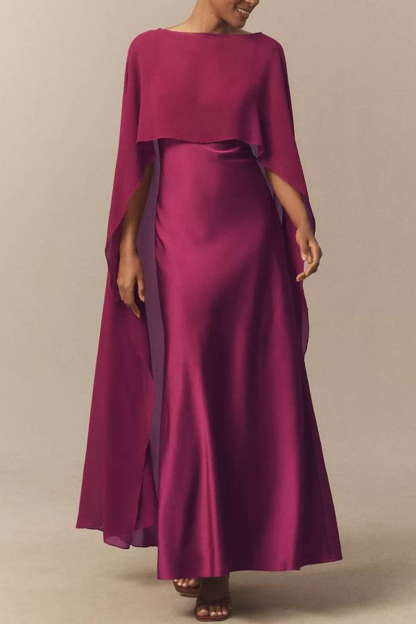 V-Neck Cape Satin Maxi Dress