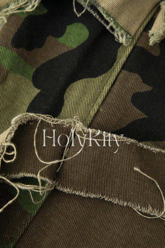Pantalon droit à franges imprimé camouflage