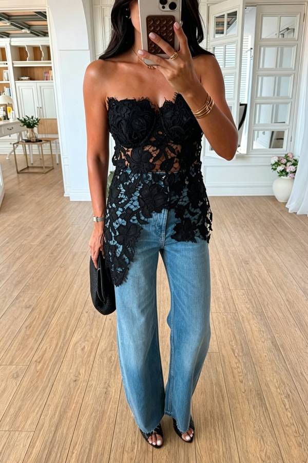 Floral Embroidered Lace Strapless Top