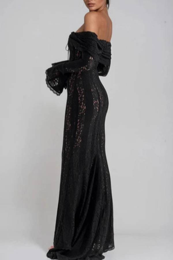 Off‑Shoulder Lace Flare Sleeve Mermaid Evening Gown